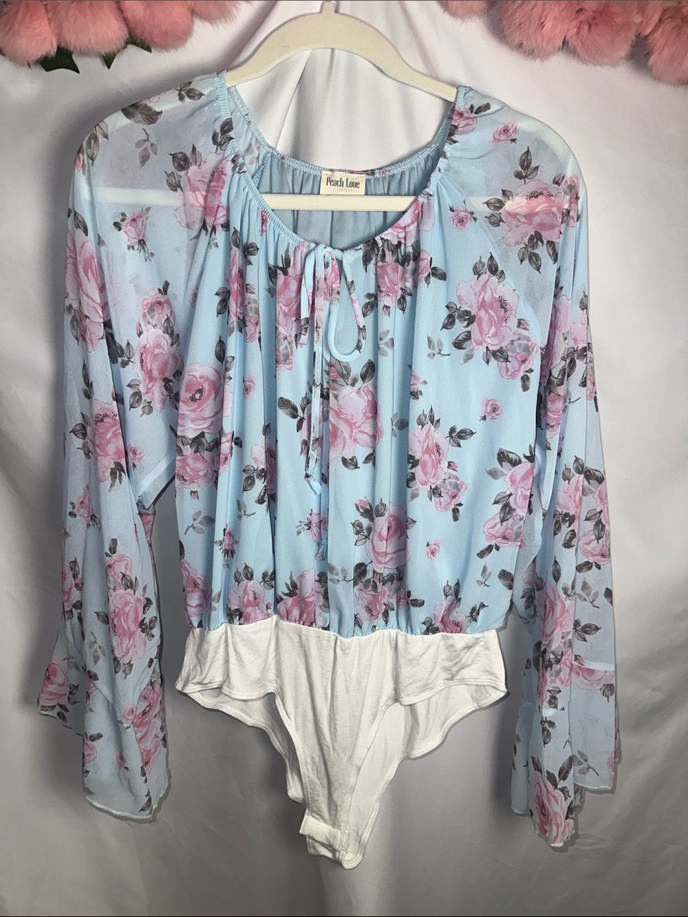 Peach Love California Light Blue & Pink Floral Tie-Front Long Sleeve Bodysuit